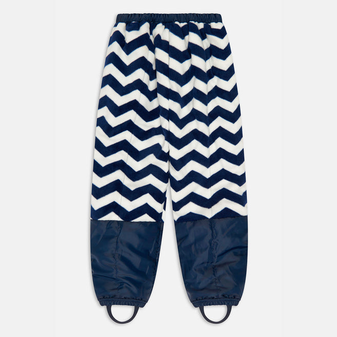 Puddleflex Waterproof Fleece Lined Trousers Navy, with a blue and white chevron pattern and stirrups, lying on a white surface.